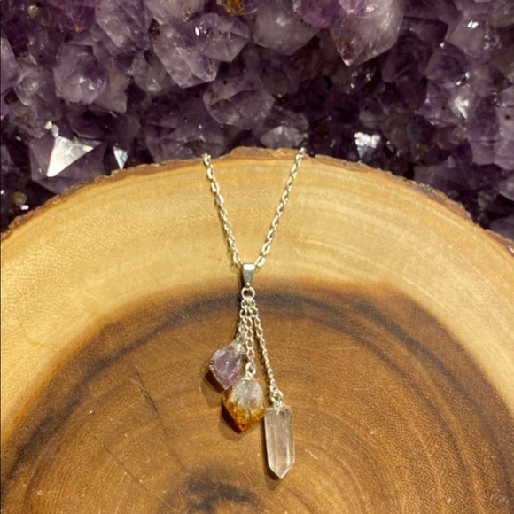 Amethyst, Citrine, and Clear Quartz Triple Stone Pendant, Raw Stones, Abundance - Picture 3 of 4
